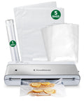 Compact Vacuum Sealer With Airtight Bags And Roll Keeps Food Fresh Up To 5X Longer, product display with 5 bags and 1 roll