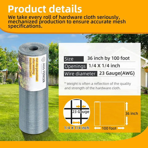 Beefy 36 Inch By 100 Foot Hardware Cloth With One Quarter Inch Openings 23 Gauge Hot Dipped Galvanized After Welding