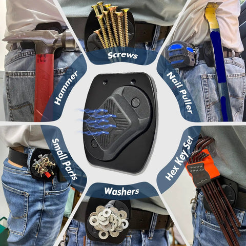 Heavy Duty Magnetic Tool Belt Clip Holster For Screws Nails Hammer Pliers Sockets And More All Metal Build with tools attached.