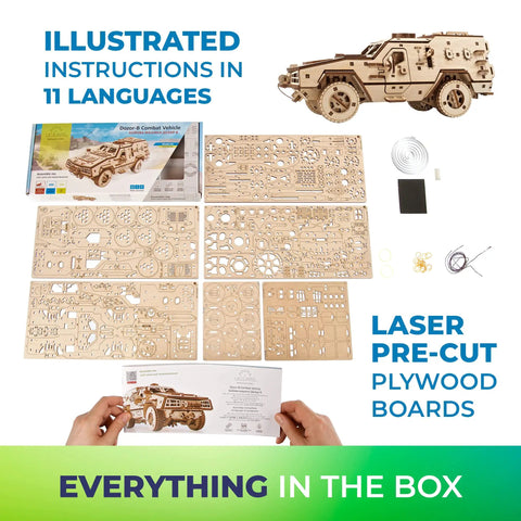 Battlefield Dozor B Combat Vehicle Armored Army Truck 3D Wooden Puzzle For Adults, laser-cut plywood boards and assembled model