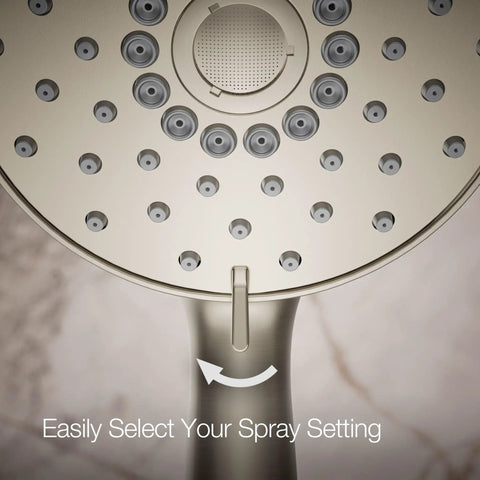Close-up of Forte Multifunction Hand Shower Head With 3 Spray Modes in brushed nickel, showing spray setting dial.