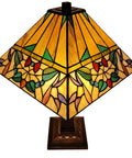 Banker Mission Style Table Lamp With Stained Glass Shade In Tan Green Purple Red White Vintage Handmade Gift 22 Inch Tall AM309TL14B E26 Compatible Classic Antique Look Retro Vibe, front view of lit square stained glass shade
