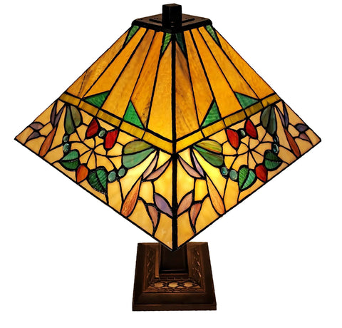 Banker Mission Style Table Lamp With Stained Glass Shade In Tan Green Purple Red White Vintage Handmade Gift 22 Inch Tall AM309TL14B E26 Compatible Classic Antique Look Retro Vibe, front view of lit square stained glass shade