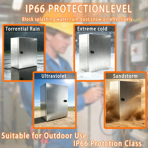 Rock Hard 12x12x8 Inch Stainless Steel Electrical Enclosure Nema 4X IP66 shown with protection against extreme weather conditions.