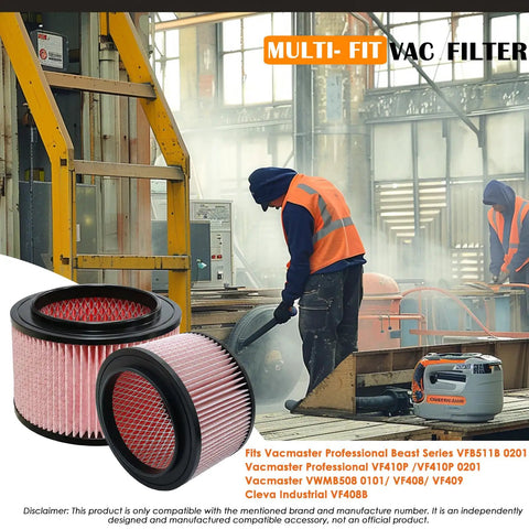 Replacement Fine Dust Filter For Vacmaster Beast VFB511B 0201 And VF408 VF409 VF410P Pro Series With 4 Foam Sleeves 2 Pack Fits Shop Vac Hang Up 5 Compatible Models in a workshop setting