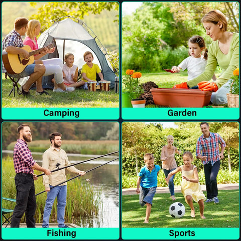 Collage showing people enjoying camping, gardening, fishing, and playing sports.