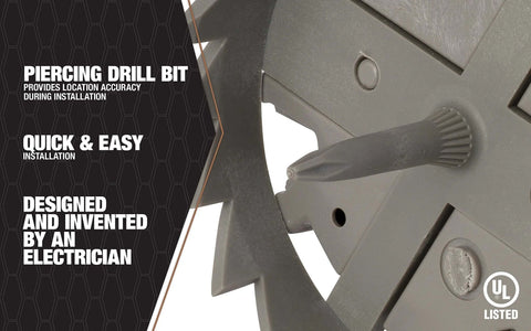 Side view of gray plastic fixture and ceiling electrical box tool with textured knob.