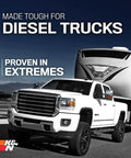 White diesel truck towing a trailer illustrating Diesel High Flow Lifetime Engine Air Filter For Ram 2500 3500 4500 5500 2013 Through 2024