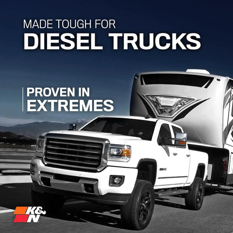 White diesel truck towing a trailer illustrating Diesel High Flow Lifetime Engine Air Filter For Ram 2500 3500 4500 5500 2013 Through 2024