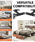Heavy Duty Adjustable Headboard Brackets For Bed Frame With Complete Hardware Set Black Metal Extension Connector Kit displayed with twin to king size beds.