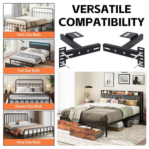 Heavy Duty Adjustable Headboard Brackets For Bed Frame With Complete Hardware Set Black Metal Extension Connector Kit displayed with twin to king size beds.