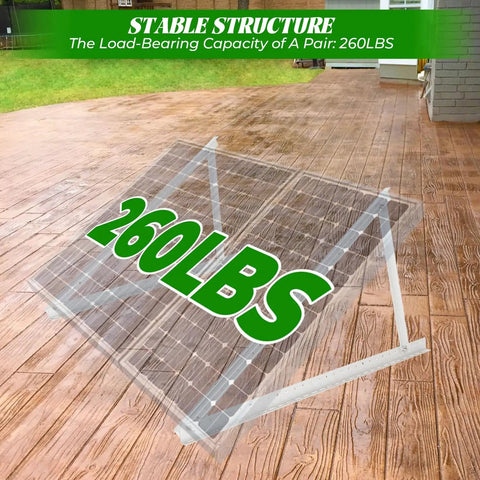 Heavy Duty Solar Panel Mounting Kit Set With 0 To 90 Degree Adjustable Tilt Foldable Legs on wooden deck showing 260-lb load capacity.