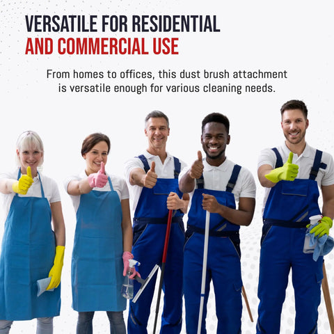 Group of five cleaners in uniforms and gloves holding cleaning tools, focus on versatile use for residential and commercial spaces.