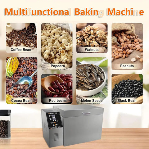 Top Shelf Electric Coffee And Nut Roaster Machine With Adjustable Temperature Control And Built In Timer For Dope Home Roasting showcasing various nuts and beans.