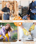 People using 12 Pairs Cut Resistant Gloves Level 5 For Kitchen Cooking And Garden DIY Chefs Colorful Set 6 Colors Heavy Duty Protection Ambidextrous Fit Breathable Comfort Medium in various tasks like wood cutting, car fixing, pruning, and cheese grating.