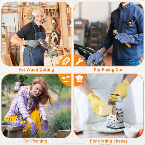 People using 12 Pairs Cut Resistant Gloves Level 5 For Kitchen Cooking And Garden DIY Chefs Colorful Set 6 Colors Heavy Duty Protection Ambidextrous Fit Breathable Comfort Medium in various tasks like wood cutting, car fixing, pruning, and cheese grating.