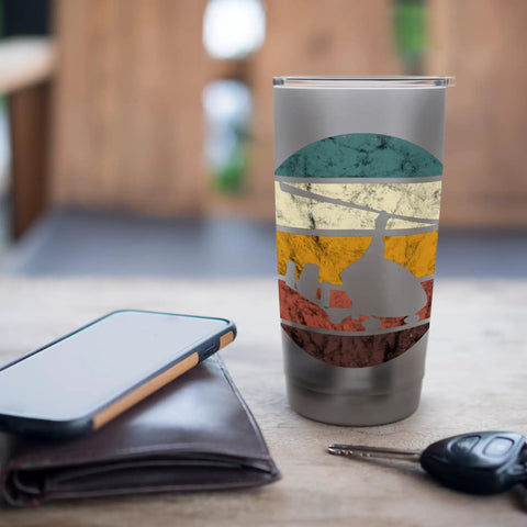 Retro Gyrocopter Aviation Insulated Stainless Steel Tumbler For Pilots And Flight Crews With A Vintage Gyrocopter Graphic on a table
