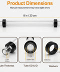 8 Inch Steam Boiler Sight Glass Tube With Clear Water Level Gauge Five Eighths Inch Outer Diameter And Three Eighths Inch Inner Diameter Includes Two High Temp Rubber Washers For A No Nonsense Leak-Proof Brass Fittings And Reliable Level Reading product dimensions showing tube and washers