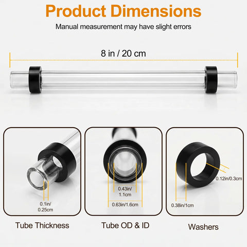 8 Inch Steam Boiler Sight Glass Tube With Clear Water Level Gauge Five Eighths Inch Outer Diameter And Three Eighths Inch Inner Diameter Includes Two High Temp Rubber Washers For A No Nonsense Leak-Proof Brass Fittings And Reliable Level Reading product dimensions showing tube and washers