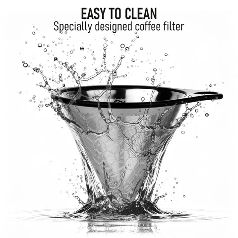Premium Borosilicate Glass Pour Over Coffee Dripper With Reusable Stainless Steel Filter splashing water for easy cleaning.