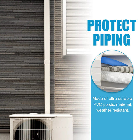 Ultra Durable 25 Ft PVC Line Set Cover Kit installed on exterior wall with AC unit, showing 3 Inch Decorative Sleeve.