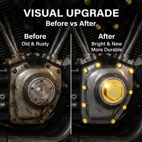 Hella Solid Gold Motorcycle Bolt Covers and Hexagon Engine Nut Caps With Wear Resistant Metal Screw Protectors For Universal Atv Scooter Fresh Ride Upgrade comparison of old rusty engine cover and bright new metal caps.