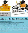 HayWHNKN portable precision boring machine with emergency stop; yellow housing and long drill bar with accessories