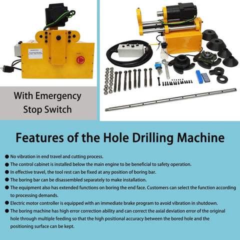 HayWHNKN portable precision boring machine with emergency stop; yellow housing and long drill bar with accessories