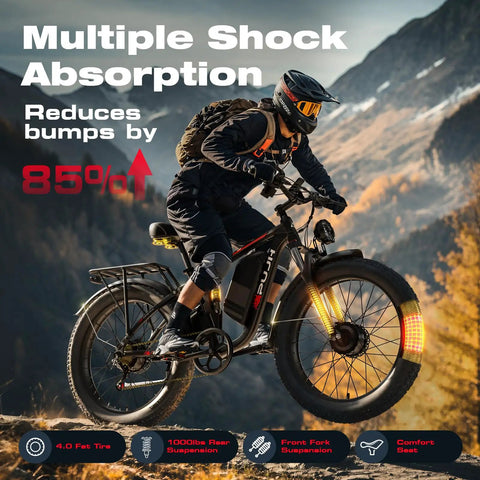 Rider on a Powerful Dual Motor 4000W Fat Tire Electric Bike with 52V 25Ah Battery, navigating off-road terrain, Class 3 Ebike