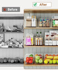 Before and after pantry organization with Clear Plastic Storage Bins With Dividers 3 Pack Acrylic Stackable Organizer Boxes For Fridge Pantry And Cabinets Two Narrow And One Wide See Through Design Durable No Brainer Storage For Easy Home Edit Organization visible on shelves.