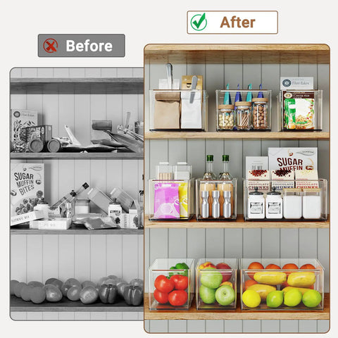 Before and after pantry organization with Clear Plastic Storage Bins With Dividers 3 Pack Acrylic Stackable Organizer Boxes For Fridge Pantry And Cabinets Two Narrow And One Wide See Through Design Durable No Brainer Storage For Easy Home Edit Organization visible on shelves.