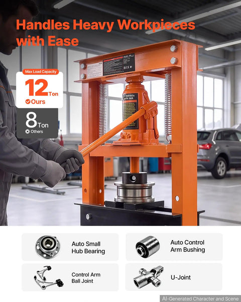 Rock Solid 12 Ton H Frame Shop Press Built Tough As Nails With Smooth Hydraulic Bottle Jack pulling heavy workpieces in a mechanic shop.