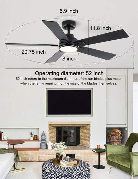 Diagram of 52 Inch Black Outdoor Ceiling Fan With Light And Remote, Reversible DC Motor, 6 Speed Ultra Quiet, 3CCT LED