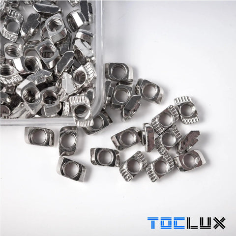 M5 Drop-In T-Nuts Set 100 Pcs Hammer Head T-Nuts For 6mm T Slot Aluminum Extrusion Carbon Steel Nickel Plated Anti Rust Hardware For 20 Series Extruded Aluminum Rails, loose in tray