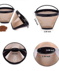 Reusable No 4 Cone Stainless Steel Coffee Filter Set 2 Pack for 8 To 12 Cup Brewers with mesh details and dimensions