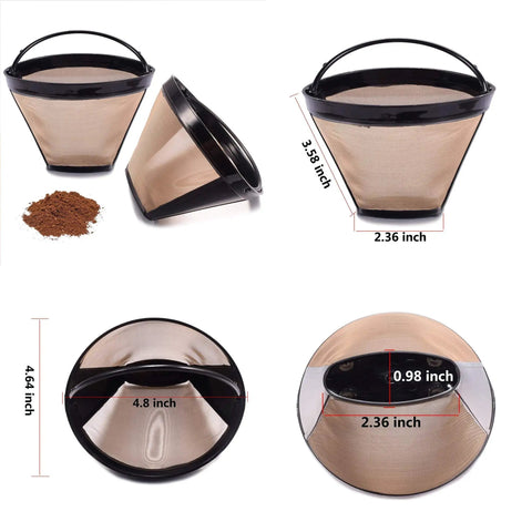 Reusable No 4 Cone Stainless Steel Coffee Filter Set 2 Pack for 8 To 12 Cup Brewers with mesh details and dimensions