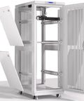 Heavy Duty 42U Server Cabinet With Smooth Rolling Casters Locking Door LCD Screen Cooling Fans Smart Thermo System Plug And Play Powerbar Top Shelf Adjustable Mounting Rails Badass Setup For Rack Hardware 24 X 35 X 84 Inches with open mesh doors and shelves.