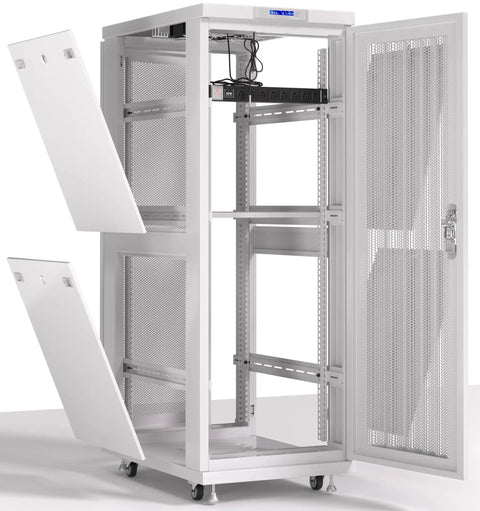 Heavy Duty 42U Server Cabinet With Smooth Rolling Casters Locking Door LCD Screen Cooling Fans Smart Thermo System Plug And Play Powerbar Top Shelf Adjustable Mounting Rails Badass Setup For Rack Hardware 24 X 35 X 84 Inches with open mesh doors and shelves.