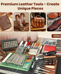 All In One Leather Craft Kit With 155 Piece Tool Set For Beginners Includes Stamping Tools Punches Stitching System Groover Edge Beveler Creaser And Cutting Tools For Wallets Belts Bags DIY Leatherworking Starter Set displayed with leather tools and accessories