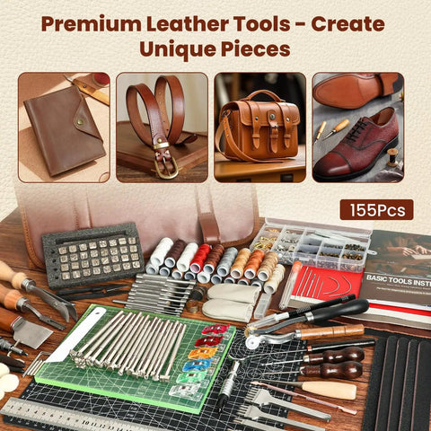 All In One Leather Craft Kit With 155 Piece Tool Set For Beginners Includes Stamping Tools Punches Stitching System Groover Edge Beveler Creaser And Cutting Tools For Wallets Belts Bags DIY Leatherworking Starter Set displayed with leather tools and accessories