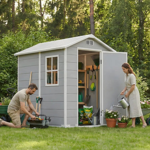 4x6 Ft Outdoor Storage Shed With Floor And Window All Weather Resin Garden Tool Shed Waterproof Plastic Shed with open door