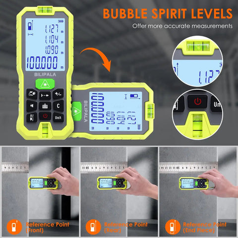 Dope Accurate Laser Distance Meter With 100m Range And Green Beam Backlit LCD Plus Minus 2mm Accuracy Measures Distance Area Volume And Pythagorean Half Second Readings Indoor Outdoor Use One Hand Quick Read For DIYers And Pros, handheld front and rear views