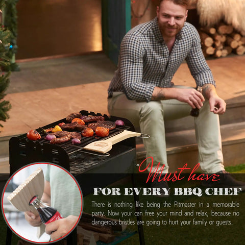 Man grilling with Wood Grill Scraper With QuickClean Tech Bristle Free BBQ Brush Alternative For Safe Grillin No Scratch Grates