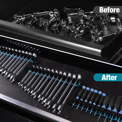 Magnetic Screwdriver And Wrench Organizer Rail Set, Heavy Duty Aluminum Tool Organizer With 36 Slots For Toolbox Drawers, 3 Piece Set in use