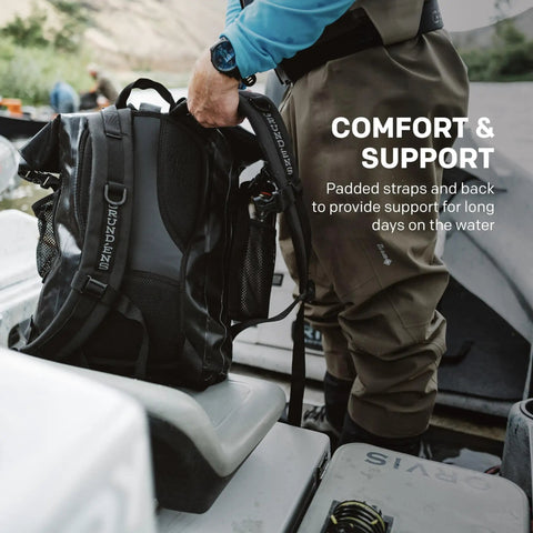 Rum Runner Gage Tech Waterproof Backpack For Fishing And Outdoors on boat with padded straps for comfort and support