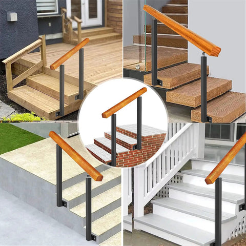 Hella Sturdy Wooden Step Railing With Iron Posts For Decks Patios And Yards Tough As Nails installed on multiple outdoor stairways.