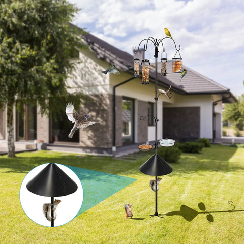 Six Hook Bird Feeding Station With Steel Multi Feeder Stand Four Feeders Bird Bath Mesh Tray And Squirrel Guard Baffle Weatherproof Yard Setup