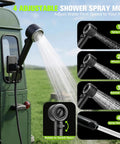 On The Go Camping Shower With 10000mAh Battery showing 4 spray modes attached to vehicle for outdoor use