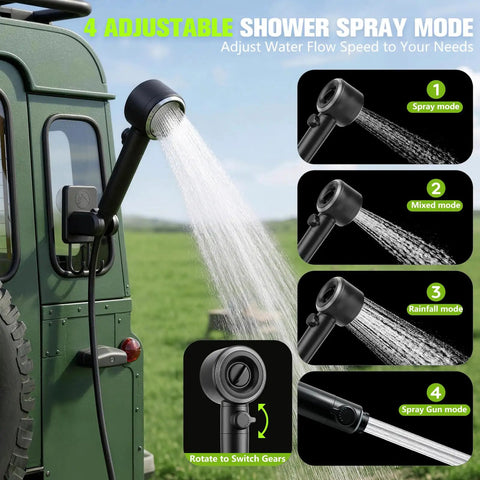 On The Go Camping Shower With 10000mAh Battery showing 4 spray modes attached to vehicle for outdoor use
