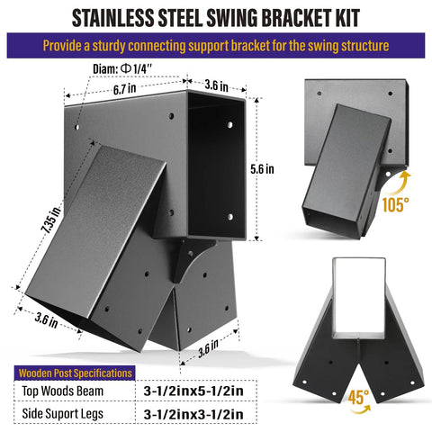 Stainless Steel Swing Bracket Kit For 4x4 Swing Sets, 4 Pack Anchor Leveling Brackets With Mounting Accessories, A Frame Bracket Set, Black, Heavy Duty Built To Last, Rustproof And Waterproof Hardware